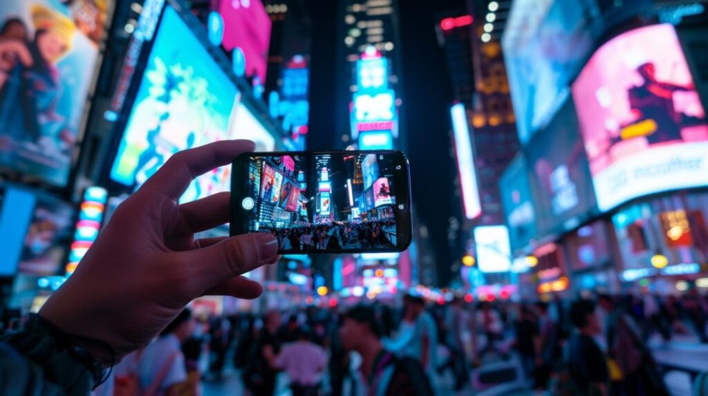 Jovem estiloso fotografa vibrante paisagem urbana com Huawei P20 Lite, AI realçando cores e detalhes.