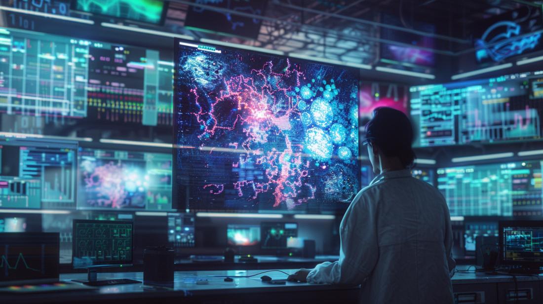 Fotografia hiper-realista mostrando pesquisador observando algoritmo de IA em laboratório de alta tecnologia.