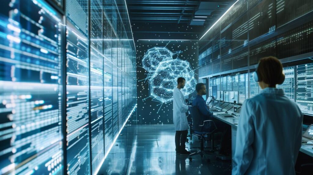 Fotografia hiper-realista de cientistas ajustando algoritmos em laboratório de inteligência artificial com equipamentos avançados.