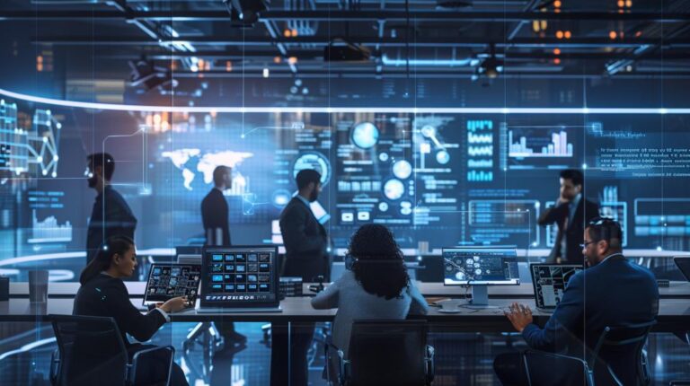 Profissionais em sessão de brainstorming com tecnologia AI, painel digital com dados em tempo real.