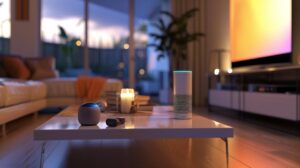 Fotografia hiper-realista destacando Alexa da Amazon em uma sala de estar moderna e minimalista.