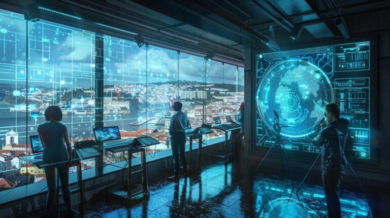 "Laboratório de IA em Lisboa: Pesquisadores imersos em tecnologia de ponta contra o icônico skyline."