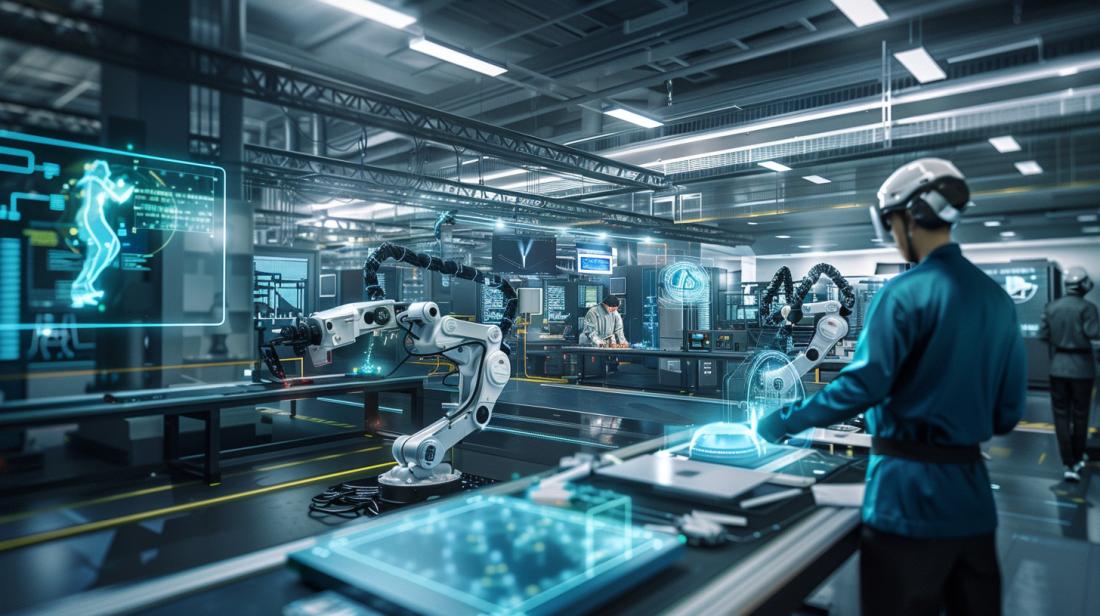Fotografia hiper-realista mostrando o impacto transformador da IA na indústria com tecnologias inovadoras do SENAI.