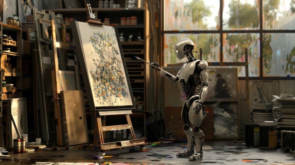 Foto hiper-realista de andróide pintando obra-prima em estúdio de arte moderno e iluminado.