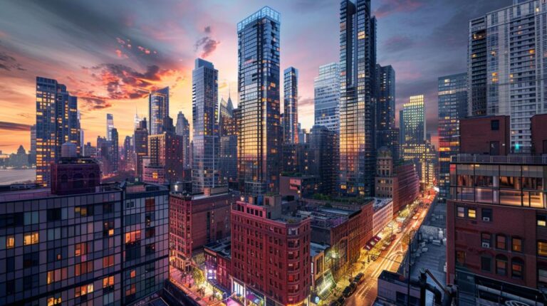 Fotografia hiper-realista de cidade ao crepúsculo, aprimorada por inteligência artificial, com incríveis detalhes urbanos.