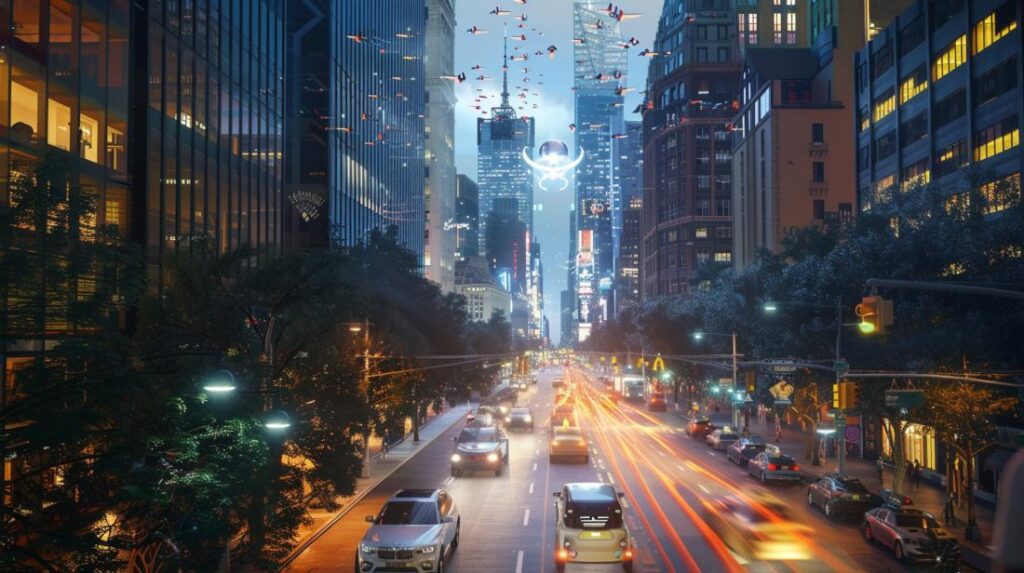 Fotografia hiper-realista de cidade moderna ao entardecer com tecnologias de IA e IoT integradas.