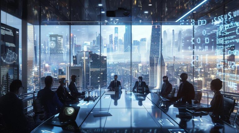 Fotografia hiper-realista de executivos discutindo estratégias de negócios com inteligência artificial em sala de reunião.