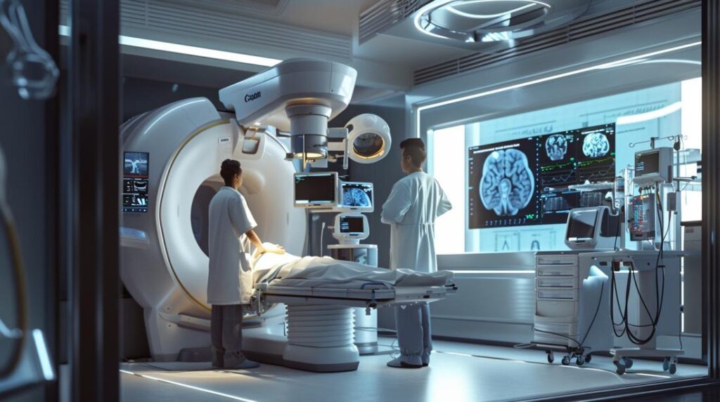 Fotografia hiper-realista mostrando IA transformando cuidados de saúde em um quarto hospitalar moderno.