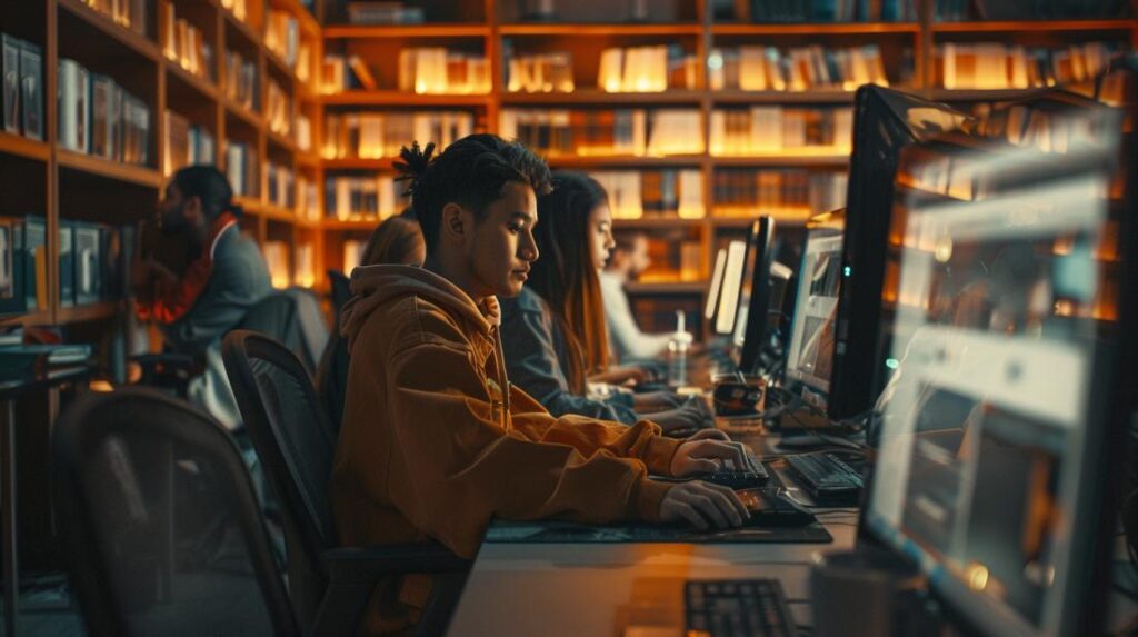 Grupo diversificado usando ferramentas de educação em IA, focado em telas de alta tecnologia.