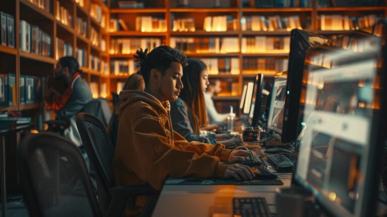 Grupo diversificado usando ferramentas de educação em IA, focado em telas de alta tecnologia.