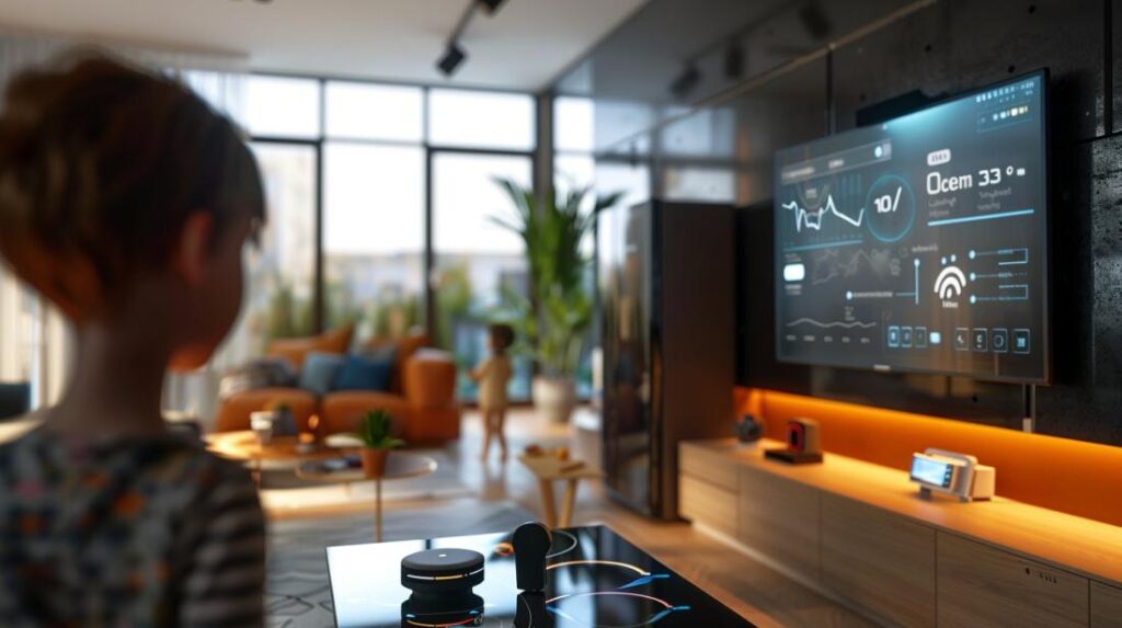 Fotografia hiper-realista de uma casa moderna com dispositivos IoT interagindo perfeitamente.