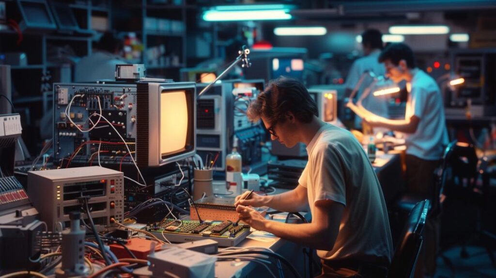Fotografia hiper-realista de um laboratório dos anos 90 com engenheiros desenvolvendo primeiros dispositivos IoT.