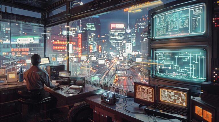 Fotografia hiper-realista mostrando a evolução e impacto da Internet das Coisas (IoT) em uma linha do tempo.