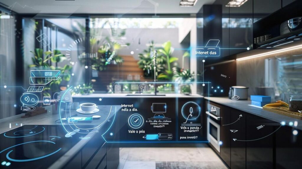 Cena de cozinha moderna com dispositivos IoT, destacando integração tecnológica no dia a dia.