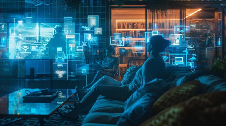 Família em sala moderna, cercada por dispositivos inteligentes; cenário reflete a complexidade da segurança digital.