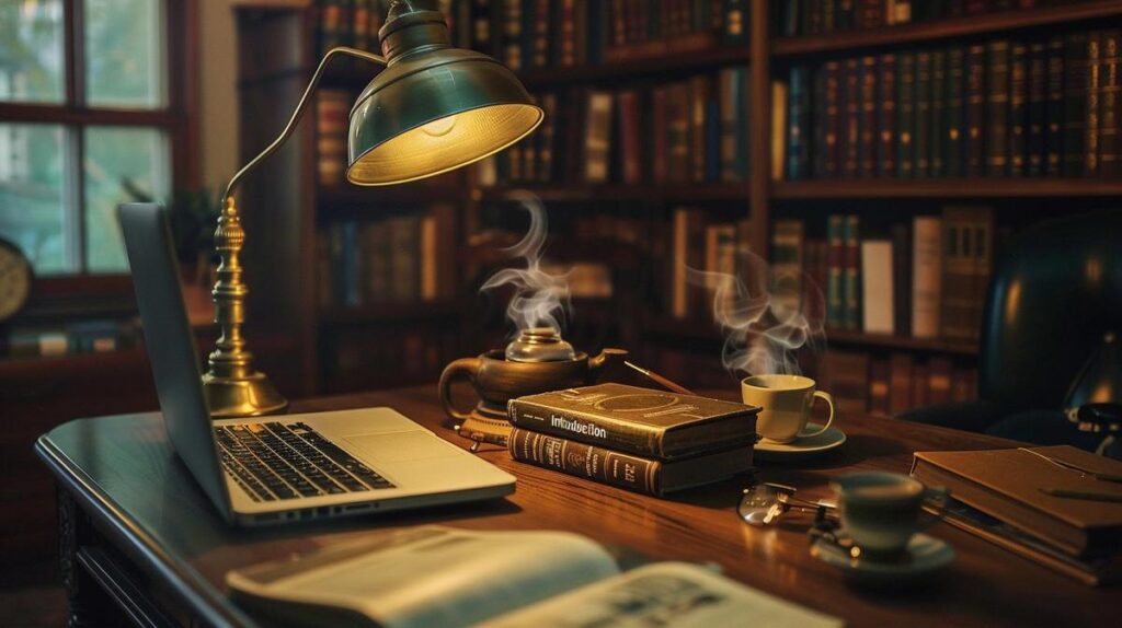 Fotografia hiper-realista de livro sobre aprendizado de máquina em uma mesa de madeira rústica.