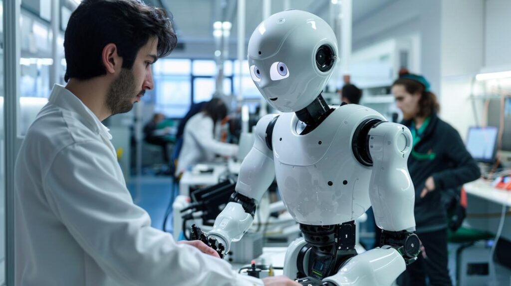 Laboratório de robótica avançada no ISR, destacando equipe de pesquisadores e robô humanoide sofisticado.