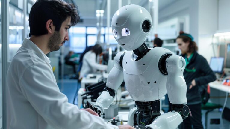 Laboratório de robótica avançada no ISR, destacando equipe de pesquisadores e robô humanoide sofisticado.