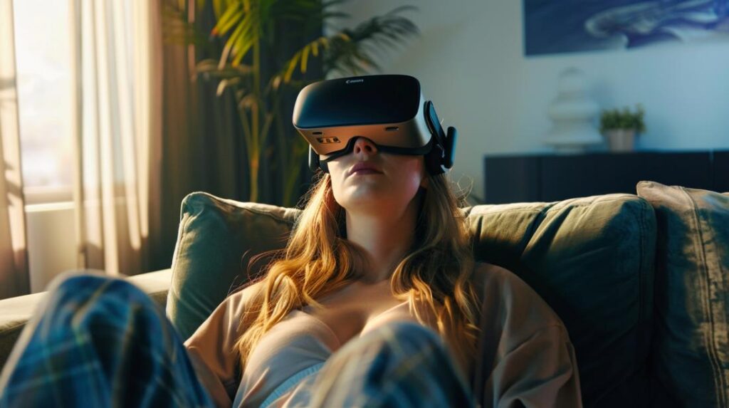 Mulher jovem imersa em realidade virtual, relaxada e contente, refletindo benefícios terapêuticos.