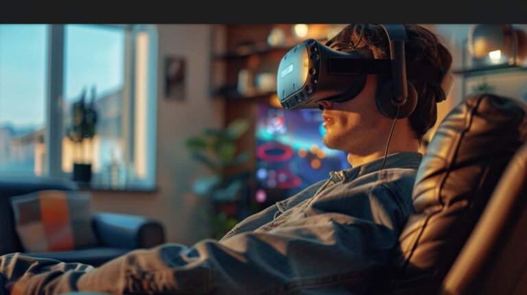 Pessoa jogando VR em sala moderna, concentrada, com fones, sensibilizada pelos gráficos vívidos na tela grande.