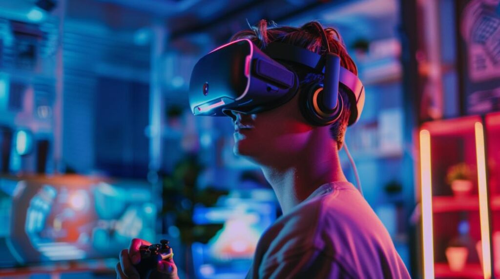 Jovem profissional jogando realidade virtual intensamente em um apartamento moderno, imerso em tecnologia avançada.