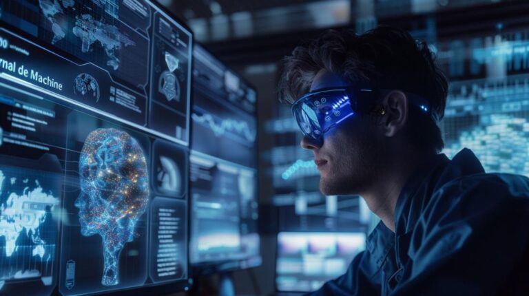 Pesquisador focado em pesquisa de machine learning em um laboratório de alta tecnologia.