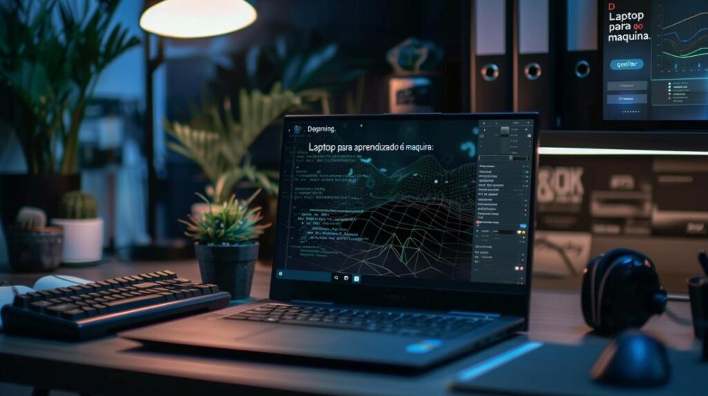 Fotografia hiper-realista de um laptop poderoso em uma mesa minimalista, ideal para aprendizado de máquina.