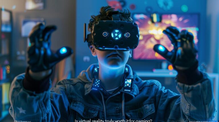Jovem gamer imerso em realidade virtual, mostrando expressões de foco e surpresa, suando levemente.