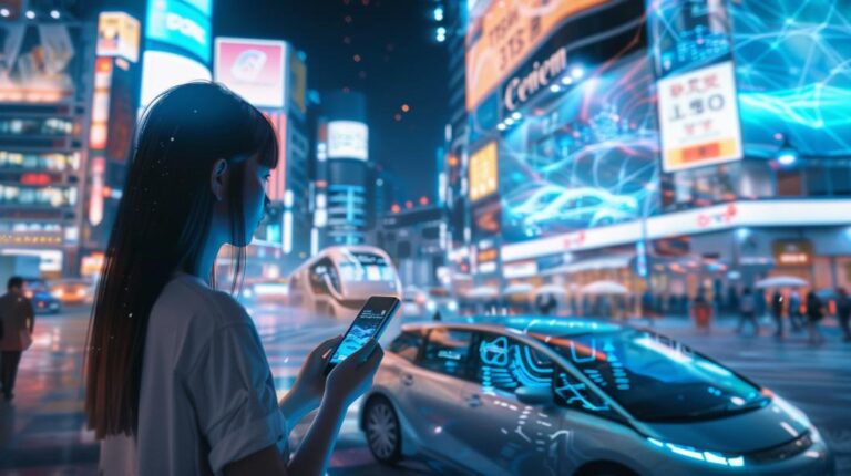 Cidade moderna com IA: holograma projetado de smartphone, carro autônomo e anúncios inteligentes.