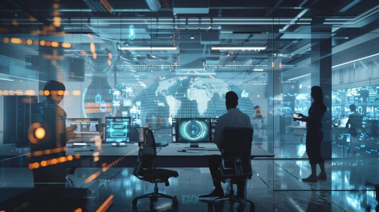 Equipe de marketing futurista em escritório high-tech, destacando impacto do ML em PR moderno.