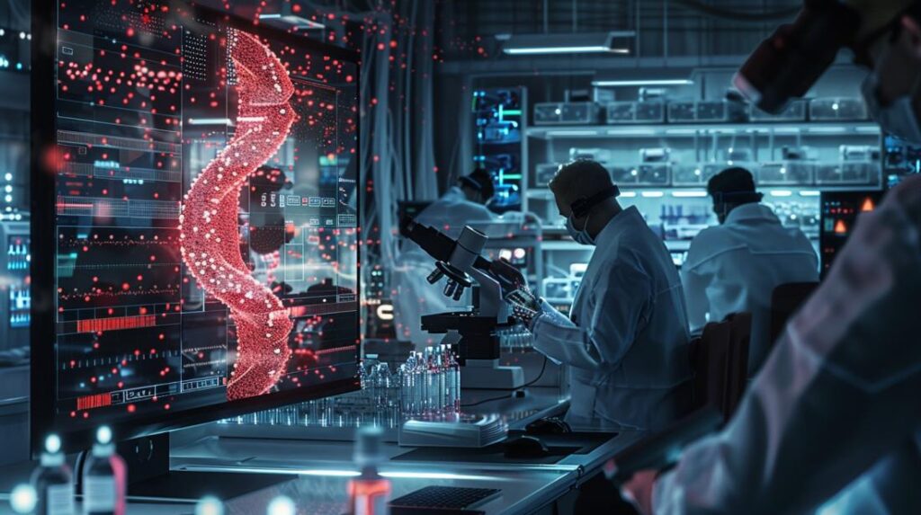 Fotografia hiper-realista de cientistas e especialistas em IA trabalhando juntos em bioinformática avançada.