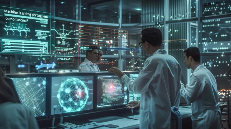 Cientistas brasileiros desenvolvendo algoritmos de machine learning em ambiente de laboratório futurista.