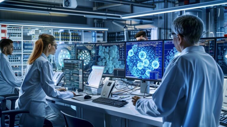 Equipe de pesquisa em laboratório high-tech trabalhando em machine learning com equipamentos avançados e algoritmos complexos.