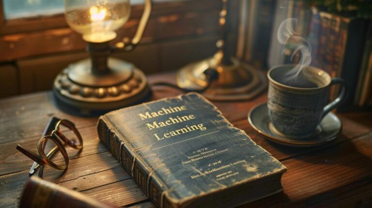 Fotografia hiper-realista de um livro antigo de Machine Learning em uma mesa de madeira vintage.