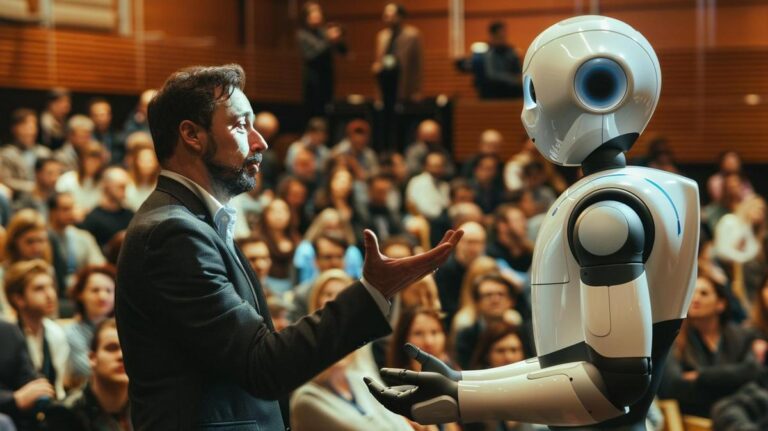 Fotografia hiper-realista de um debate intenso entre humano e robô sobre IA em conferência.
