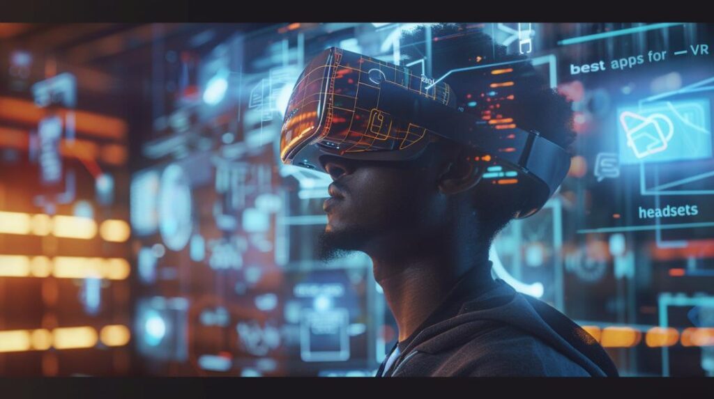 Pessoa usando headset VR com interfaces holográficas de aplicativos de realidade virtual ao redor.