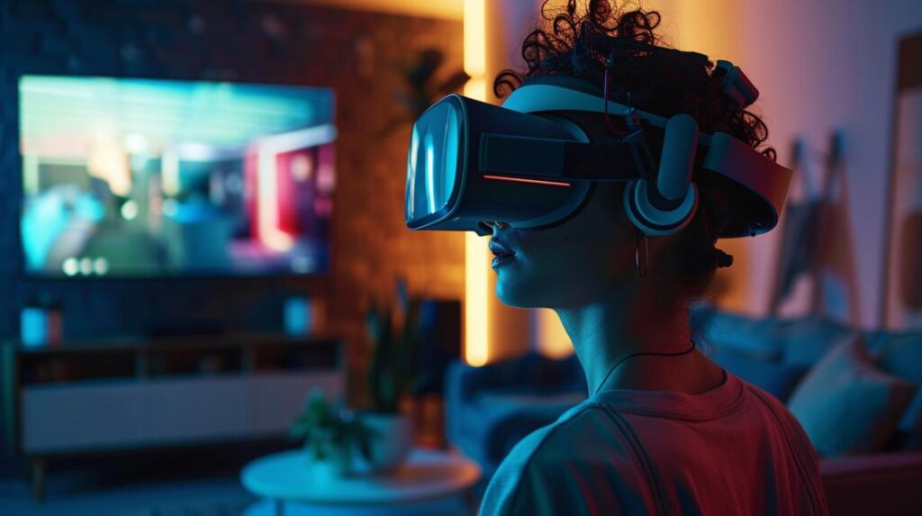 Entusiasta de tecnologia usando um headset de VR avançado em uma sala moderna e minimalista.