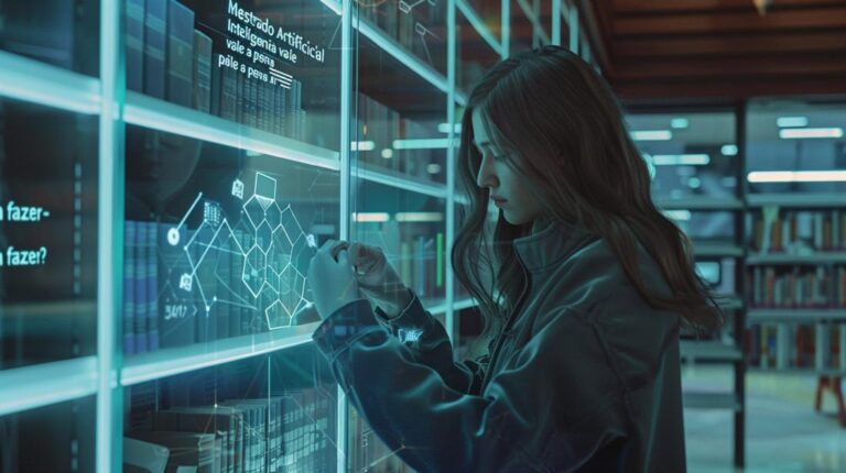 Estudante estudando com interfaces digitais avançadas em uma biblioteca futurista.