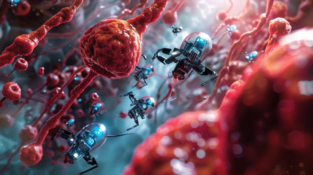 Fotografia hiper-realista de nanorrobôs realizando procedimentos médicos em um sistema vascular humano.