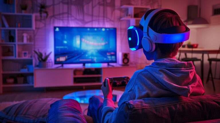 Fotografia hiper-realista de jovem jogador usando headset VR PS4 num moderno e estiloso salão.