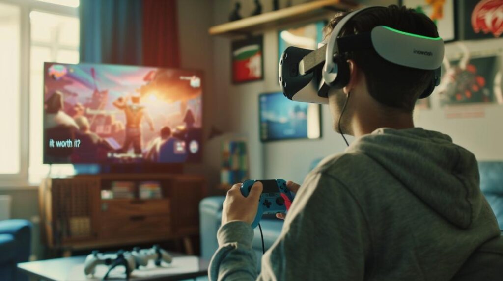 Jovem com headset VR da Nintendo Switch, imerso em jogo vibrante, expressão de entusiasmo.