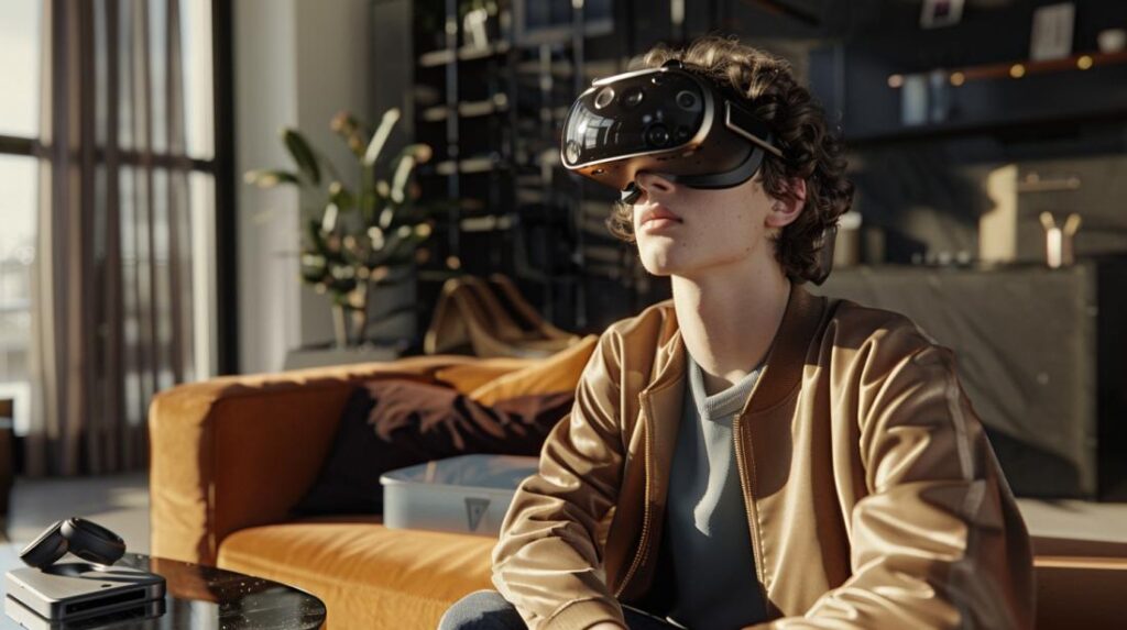 Um jovem usando óculos de realidade virtual em uma sala moderna, expressão de fascinação.