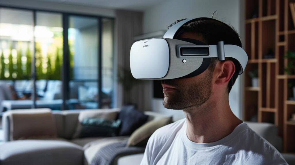 Jovem profissional usando um headset VR de última geração em uma sala moderna e iluminada.