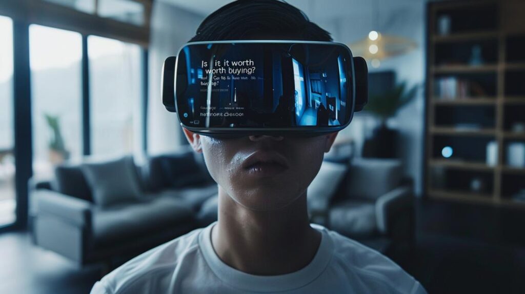 Uma pessoa jovem usando óculos de realidade virtual Apple em uma sala moderna e minimalista.