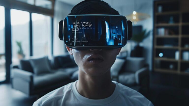 Uma pessoa jovem usando óculos de realidade virtual Apple em uma sala moderna e minimalista.