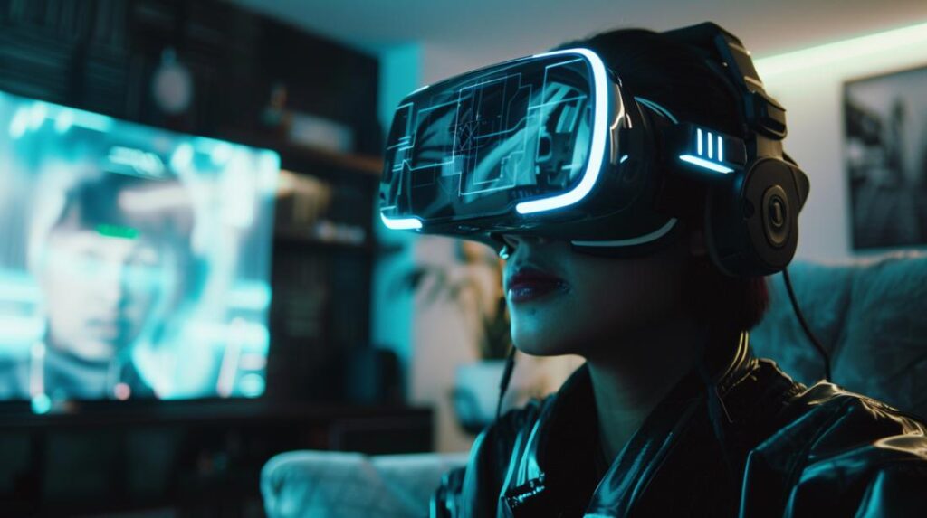Pessoa usando um headset de realidade virtual conectado ao iPhone em uma sala moderna.