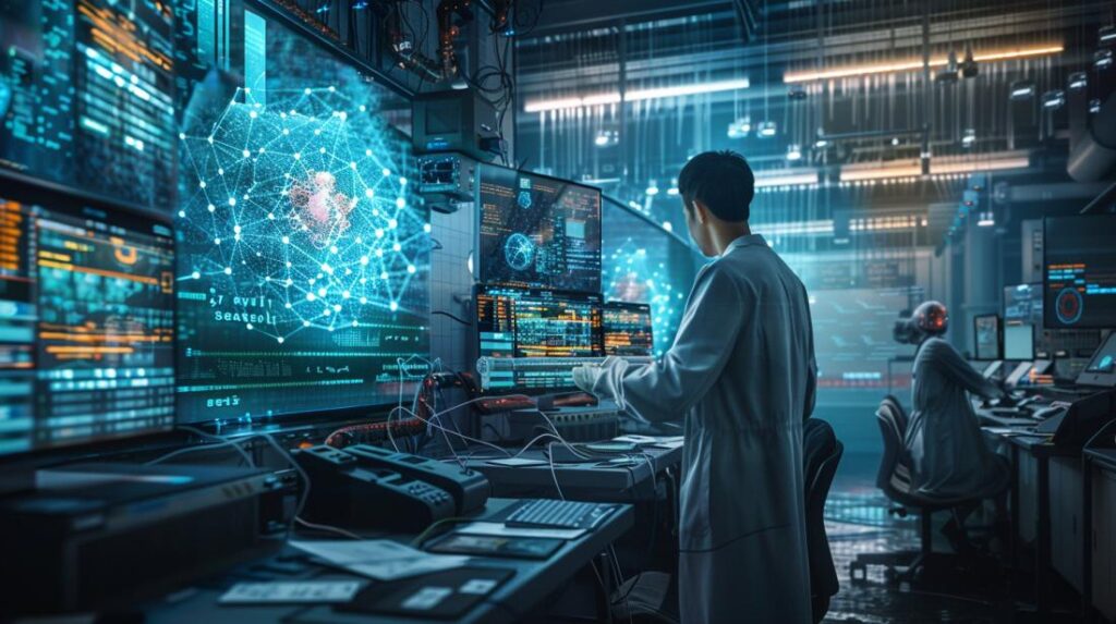 Foto hiper-realista de laboratório de pesquisa em aprendizado de máquina com holograma de rede neural.
