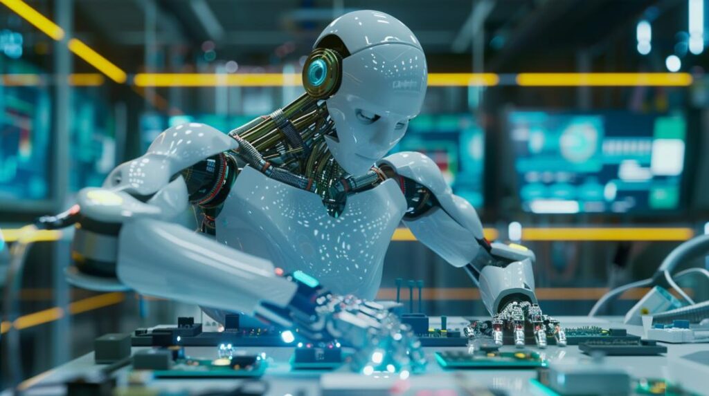Fotografia hiper-realista de robô humanoide montando circuitos em laboratório tecnológico iluminado por LEDs.
