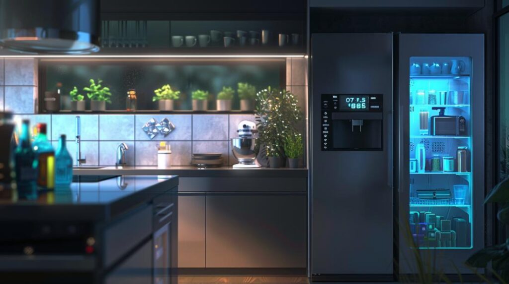 Fotografia hiper-realista de uma casa inteligente destacando dispositivos IoT em perfeita integração e funcionamento.