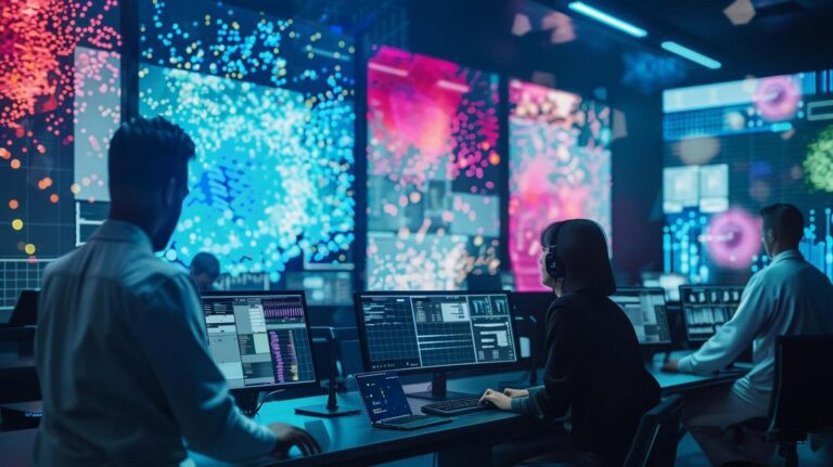 Fotografia hiper-realista de cientistas de dados em um laboratório avançado analisando clusters coloridos.